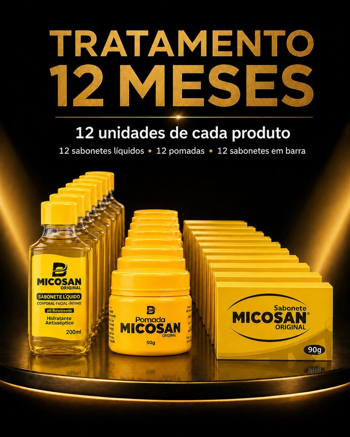 Imagem editorial do tratamento MICOSAN® para 12 meses com 12 unidades de cada produto
