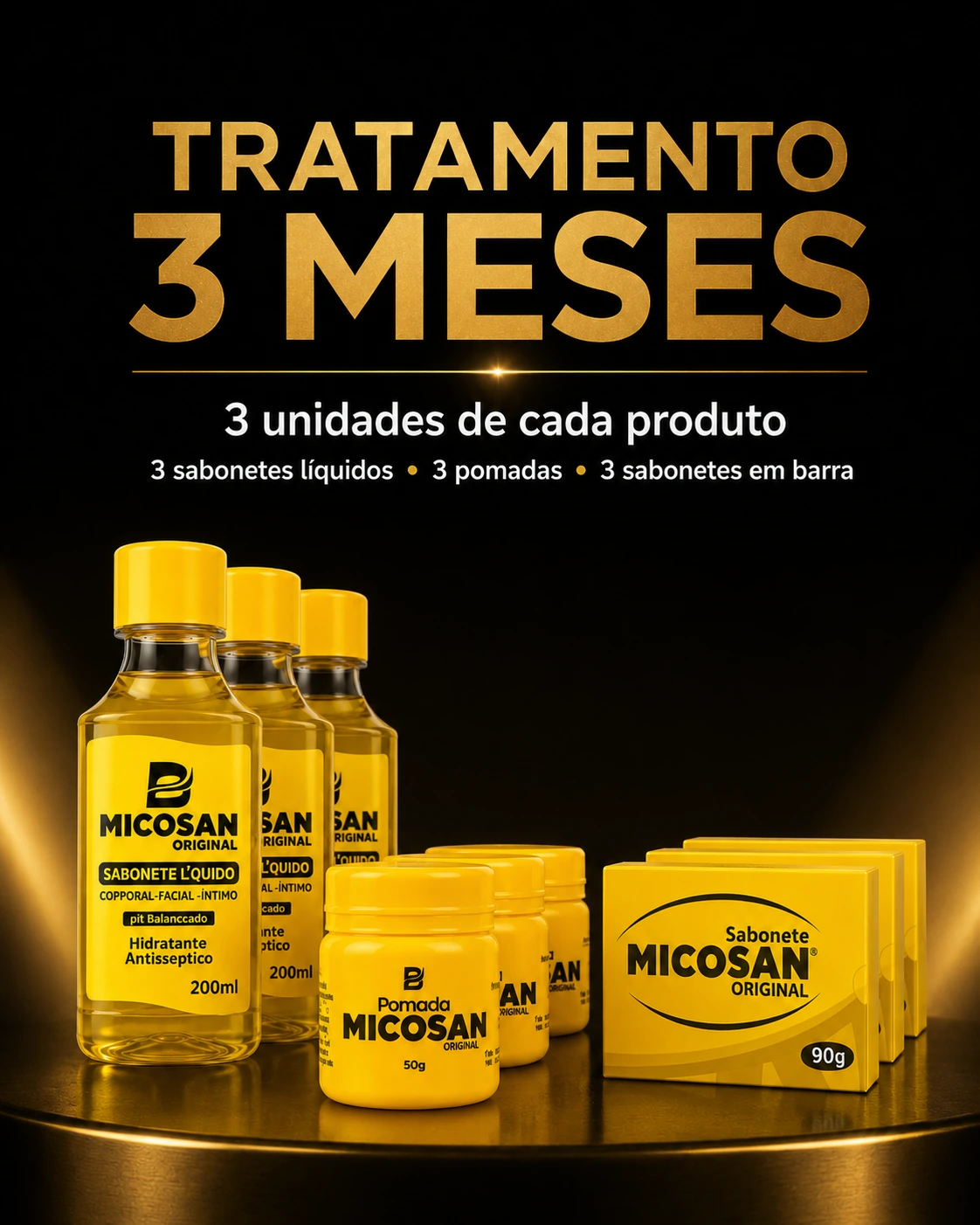 Imagem editorial do tratamento MICOSAN® para 3 meses com 3 unidades de cada produto