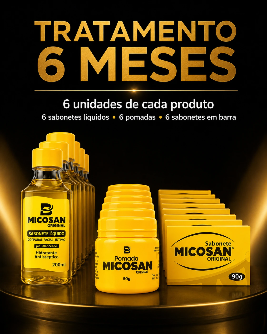 Imagem editorial do tratamento MICOSAN® para 6 meses com 6 unidades de cada produto